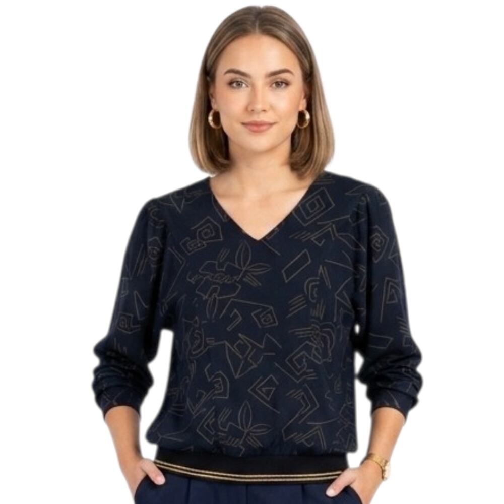 Vintage Ms. Paquette California Black & Gold Geometric V-Neck Blouse Medium